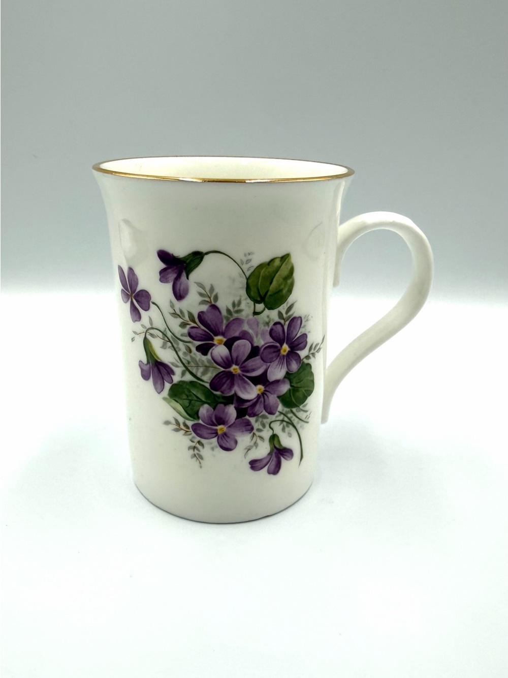 Vintage Crown Trent Bone China Violet Floral Mug Gold Trim England